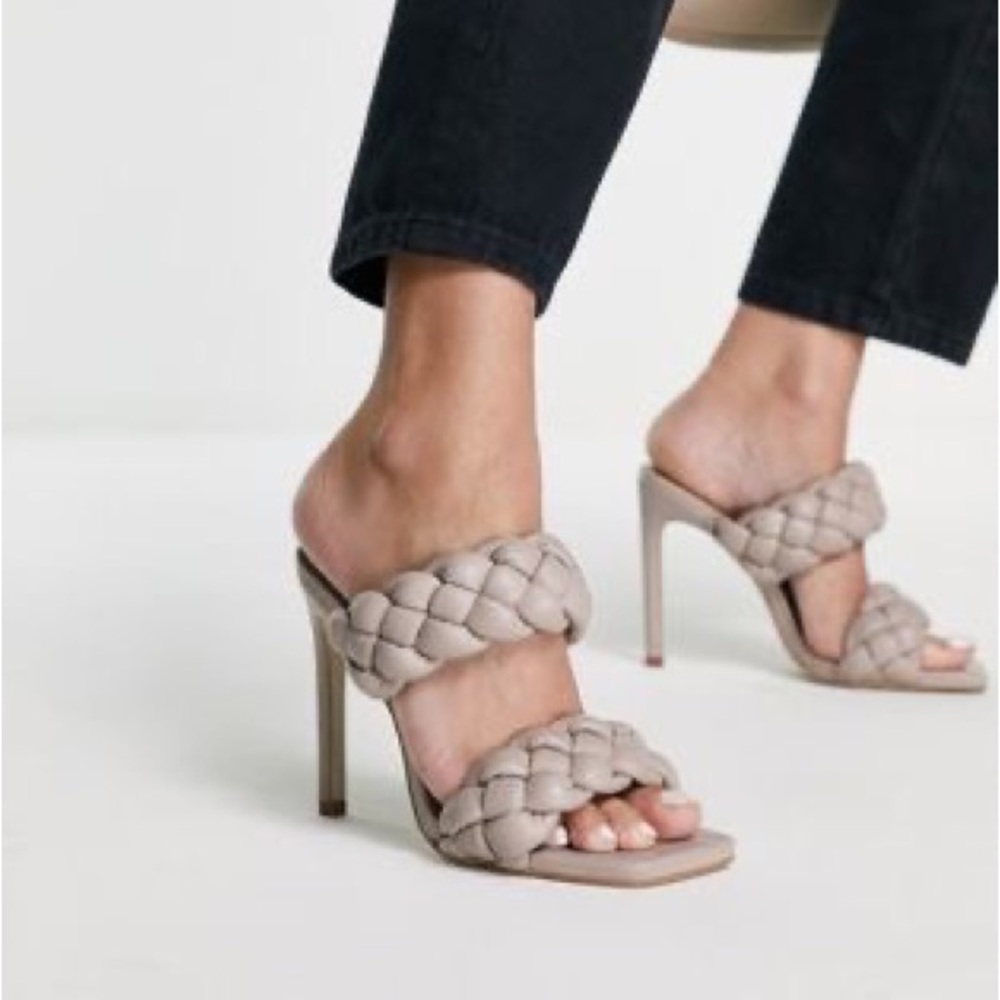 Steve Madden Kenley Stiletto Heel Sandal Woven Straps Slip On 6.5 in Taupe
